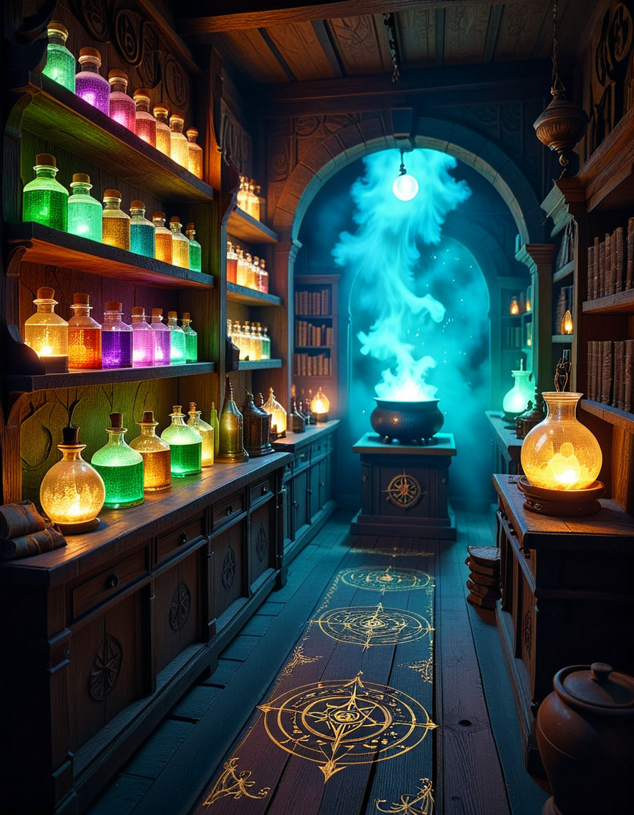 A dimly lit, mysterious alchemy shop filled with ancient books, glowing potions, and strange magical artifacts. Wooden shelves, covered in dust and cobwebs, are packed with glass bottles containing bubbling liquids in deep purples, shimmering golds, and eerie greens. The air is thick with swirling mist, and candlelight flickers, casting long shadows across the stone walls. In the foreground, an old wooden counter holds an open grimoire, alongside mortar and pestles, dried herbs, and mysterious symbols carved into the surface. Strange objects like a levitating crystal orb, a preserved dragonâs eye in a jar, and an enchanted dagger with glowing runes are displayed throughout the space. A bubbling cauldron in the corner emits a soft, eerie glow, illuminating the intricate arcane symbols on the floor. The atmosphere is dark, mystical, and full of ancient secrets, evoking a sense of forgotten magic and hidden knowledge.
<lora:SDXLFaeTastic2400:0.4> <lora:extremely_detailed:0.4> extremely detailed,<lora:mysterious_4lch3my_sh0p:1>,mysterious 4lch3my sh0p, Masterpiece,best quality,hi res,8k,hi res,8k,award winning,(sharp focus, intricate, highly detailed),