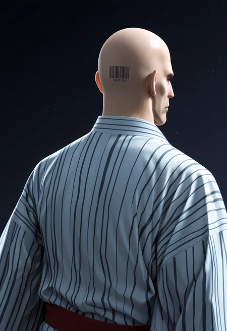 masterpiece, best quality, amazing quality, dutch angle, abstract background, BREAK
solo, 1boy, male focus, agent47, bald, grey eyes, frown, from behind, barcode tattoo on back of head, yukata, japanese clothing, BREAK
<lora:cfg_scale_boost:.6> <lora:Agent_47_-_Hitman_-_ILXL:1>