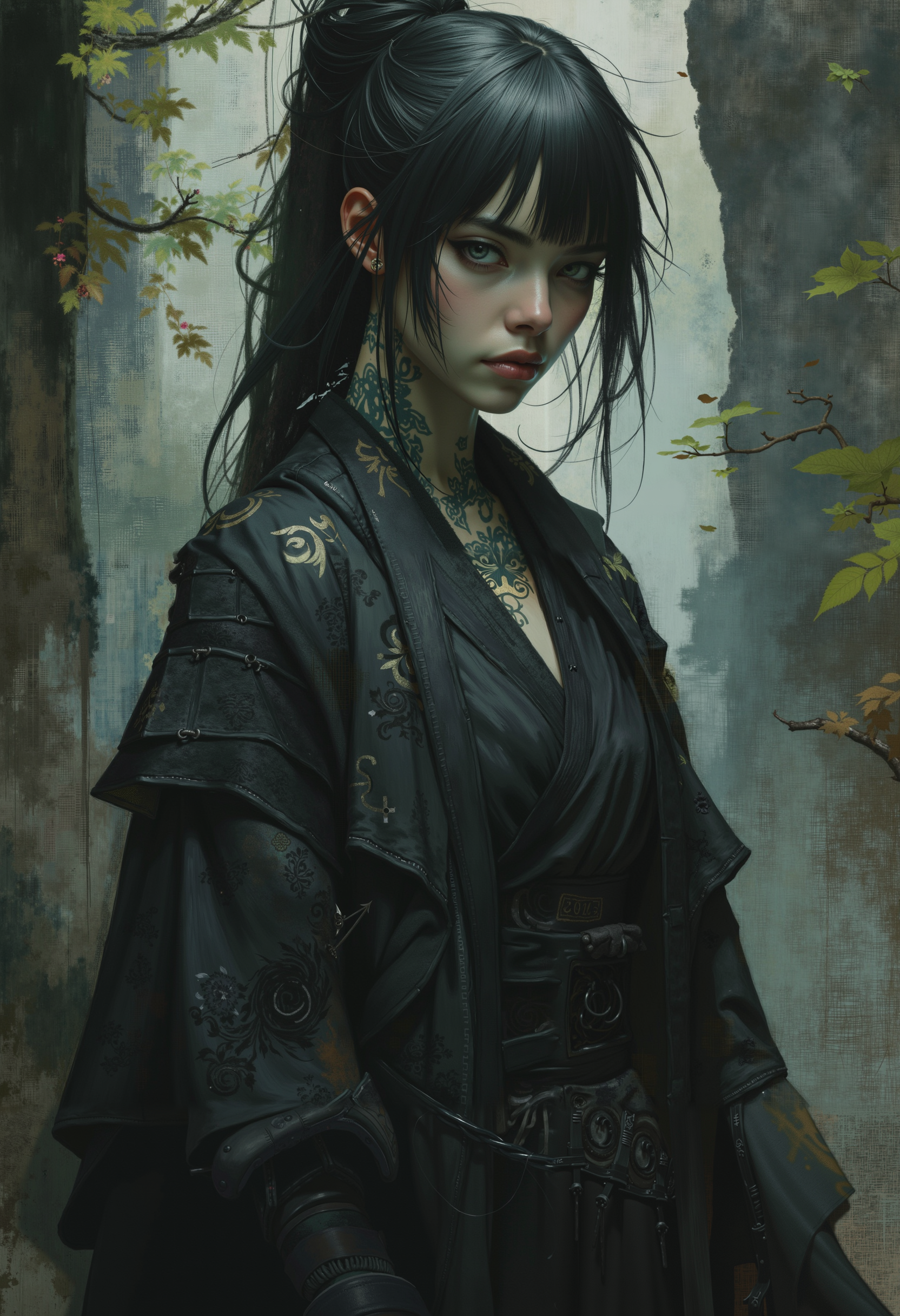 (bo-naturepunk:0.85), (greenpunk:0.85), (naturecyberpunk:0.85), OBxiaoxiang, A fierce Korean female rogue stands in the shadows, exuding an aura of deadly precision and silent menace. Her dark, piercing eyes hold a cold, calculating gaze, her sharp cheekbones and full lips set in an expression of unwavering focus. Her long black hair is styled in a high ponytail or an intricate updo, emphasizing both practicality and elegance.  She wears sleek, form-fitting black clothing, blending the flowing elegance of a reimagined hanbok with the tactical precision of an assassinâs attire. The dark fabrics are layered, reinforced with subtle armor plating for agility and silent movement. Faint, intricate patternsâreminiscent of ancient Korean motifsâare woven into the cloth, visible only when caught by the dim light. Black leather bracers wrap around her wrists and forearms, providing both protection and grip.  Her skin is marked with elegant yet intimidating tattoosâblack ink symbols and patterns stretching down her arms, curling around her neck, and vanishing beneath the fabric on her chest. Their meanings remain a mystery, but they whisper of an oath, a past, or a hidden power. A finely crafted dagger, its hilt adorned with traditional Korean engravings, rests at her hip, while razor-sharp throwing needles are strapped to her thigh, always within reach.  The atmosphere around her is charged with tension, the air thick with an almost supernatural stillness. The hyperrealistic rendering captures every fine detailâthe subtle sheen of her dark clothing, the sharp contrast of inked skin against pale light, and the poised, controlled energy in her stance. Shadows cling to her like loyal companions, wrapping her in an aura of quiet danger. A silent force, unseen until itâs too late.<lora:Flux\boFLUX Naturepunk.safetensors:0.55:0.55> <lora:Flux\OBååå®èåç»V2.0.safetensors:1.0:1.0>