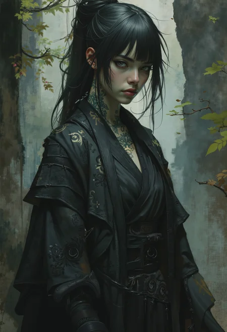 (bo-naturepunk:0.85), (greenpunk:0.85), (naturecyberpunk:0.85), OBxiaoxiang, A fierce Korean female rogue stands in the shadows, exuding an aura of deadly precision and silent menace. Her dark, piercing eyes hold a cold, calculating gaze, her sharp cheekbones and full lips set in an expression of unwavering focus. Her long black hair is styled in a high ponytail or an intricate updo, emphasizing both practicality and elegance. She wears sleek, form-fitting black clothing, blending the flowing elegance of a reimagined hanbok with the tactical precision of an assassinâs attire. The dark fabrics are layered, reinforced with subtle armor plating for agility and silent movement. Faint, intricate patternsâreminiscent of ancient Korean motifsâare woven into the cloth, visible only when caught by the dim light. Black leather bracers wrap around her wrists and forearms, providing both protection and grip. Her skin is marked with elegant yet intimidating tattoosâblack ink symbols and patterns stretching down her arms, curling around her neck, and vanishing beneath the fabric on her chest. Their meanings remain a mystery, but they whisper of an oath, a past, or a hidden power. A finely crafted dagger, its hilt adorned with traditional Korean engravings, rests at her hip, while razor-sharp throwing needles are strapped to her thigh, always within reach. The atmosphere around her is charged with tension, the air thick with an almost supernatural stillness. The hyperrealistic rendering captures every fine detailâthe subtle sheen of her dark clothing, the sharp contrast of inked skin against pale light, and the poised, controlled energy in her stance. Shadows cling to her like loyal companions, wrapping her in an aura of quiet danger. A silent force, unseen until itâs too late.<lora:Flux\boFLUX Naturepunk.safetensors:0.55:0.55> <lora:Flux\OBååå®èåç»V2.0.safetensors:1.0:1.0>