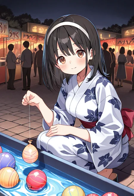 general, masterpiece, best quality, newest, absurdres, highres, very awa, outdoors, night, from above, 1girl, solo, <lora:OCAyumi:1> OCAyumi, black hair, medium hair, hairband, white hairband, brown eyes, medium breasts, yukata,  <lora:natsumatsuri:0.8> natsumatsuri, festival, crowd, game stall, water yoyo, water balloon fishing, squatting, real world location, light smile, looking at viewer,