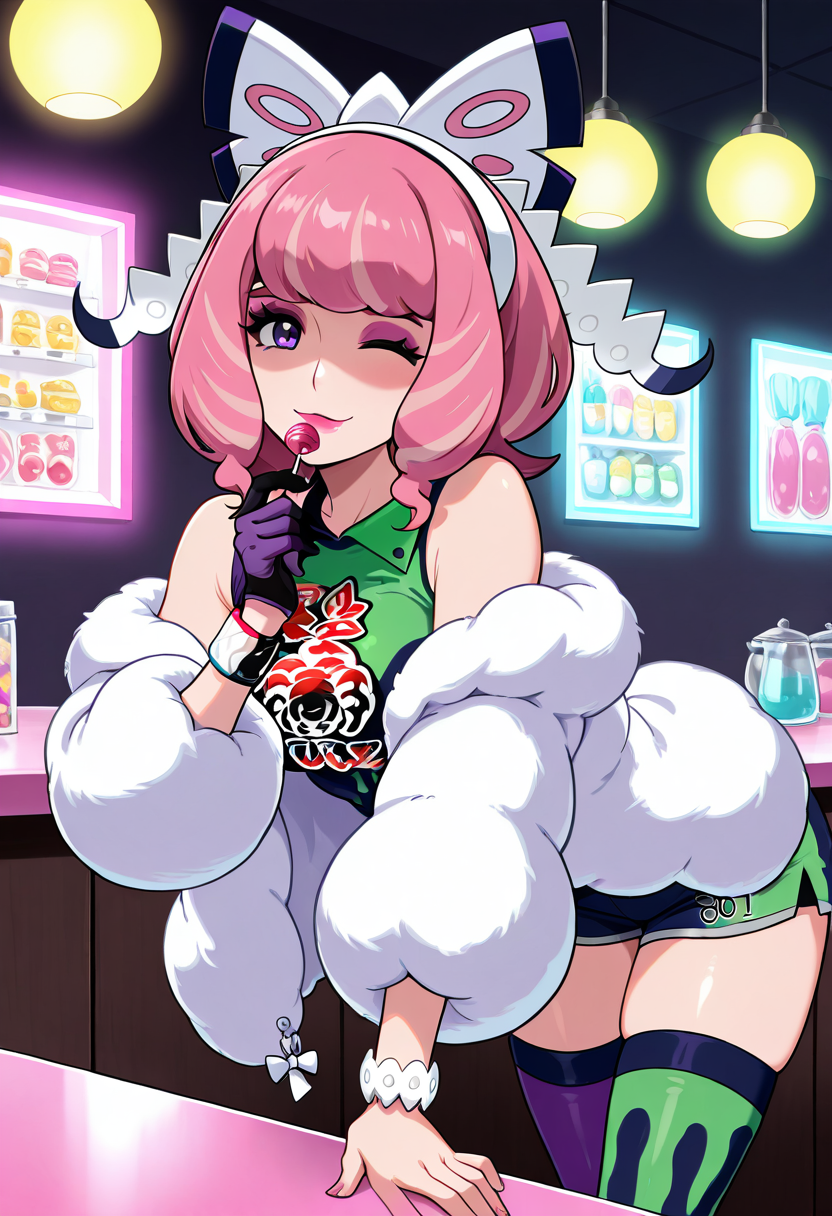masterpiece, best quality, 1girl, solo, eyelashes, (beautiful eyes),      zzKlara, purple eyes, pink hair, pink lips, makeup, eyeshadow, pink eyeshadow, hairband, bracelet, single glove, white jacket, fur coat, shirt, shorts, mismatched legwear, thighhighs, smile, candy shop, colorful lights, leaning on counter, wink â Leaning casually against the counter of a vibrant candy shop, Klara winks with sugary mischief. Shelves of sweets frame her silhouette, but it's her pink-on-pink aesthetic and bold makeup that steal the show. The fur-trimmed jacket hangs stylishly from her shoulders, one gloved hand toying with a lollipop. Her mismatched legwear adds a playful edge, and the subtle sparkle in her purple eyes promises nothing but fun and chaos.     ,<lora:KlaraPokemon_IXL_v2:1.0>,