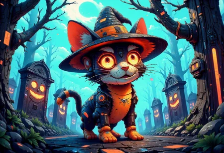 A peculiarly adorable creature with a spooky yet charming demeanor, standing in a dimly lit, Halloween-inspired environment. The creature, a cross between a cat and a bat, boasts vibrant neon fur that shimmers with an <lora:artHW24NEON:1> color scheme, casting an eerie yet playful glow. Its wide-brimmed witch hat, embellished with a candy corn band, tilts slightly to one side, revealing a pair of bright red eyes that gleam with a mischievous twinkle. The creature's fangs peek out from its open mouth, which is curled into a grin that suggests both friendliness and a hint of menace. Above the mouth is a distinctive scar that runs from the right corner of the upper lip to the left side of the snout, lending an air of mystery and adventure. The scene is set in a whimsical graveyard with a twist, as the tombstones are decorated with smiling jack-o'-lanterns and the trees are draped with colorful streamers rather than cobwebs. The overall atmosphere is one of creepy-cute allure, blending the macabre charm of Halloween with the endearing aesthetic of a whimsical masquerade ball. The creature's pose is curious and inviting, as if it's ready to share a spooky secret or lead you on a trick-or-treating escapade. The vibrant colors and soft shadows create an enchanting tableau that captures the essence of the holiday while keeping it lighthearted and fun.