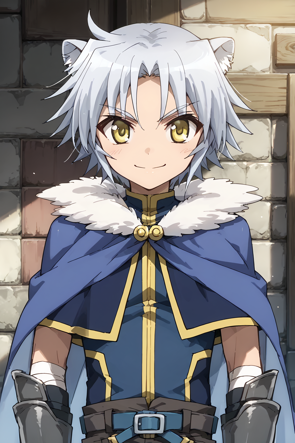 score_9, score_8_up, score_7_up, source_anime, 
1boy, solo, gaul, grey hair, yellow eyes, lion ears, sleeveless shirt, cape, cowboy shot, looking at viewer, smile, 
zPDXL3, <lora:gaulPonyv2>, <lora:add-detail-xl:1>