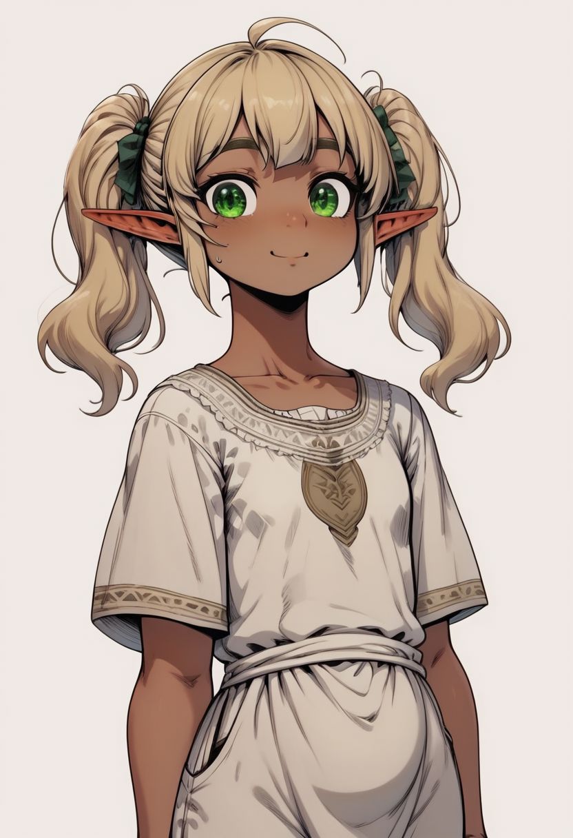 Lapanya, 1 person, solo, pointy ears, ((snout nose)), flat chest, stocky stature, wide hips, slightly chubby, bangs, ((dark tan skin)), blonde hair, twintail hair, wavy hair, grinning, friendly expression, green irises, tan tunic, smooth cavern background,  
Lineart, clean lines, ((flat color)), up close, upper body focus, highly detailed face, high quality, best quality,  score: 9, score: 8 up, rating: safe