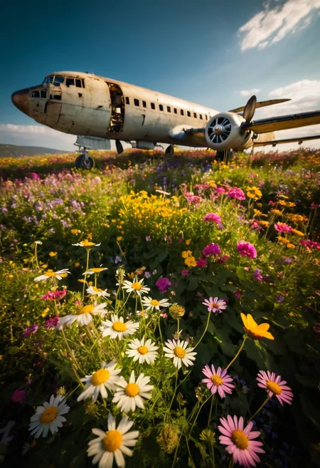 "Abandoned Airplane in a Flower Meadow":
Imagine a vintage airplane, once majestic, now abandoned and covered in grass and vibrant flowers. The graceful curves of the aircraft contrast beautifully with the surrounding sea of colorful blooms. Capture the airplane from a low angle, surrounded by the flower meadow, to emphasize its elegant lines and the encroaching natural beauty. Canon EOS 5D Mark IV, 1/200s, f/8, ISO 200. Enhance the scene with a soft, dreamy lens flare and a subtle glow on the flowers to add a touch of magic. Post-process the image with a moody and melancholic tone, making the airplane and flowers stand out against the backdrop for a captivating artwork.