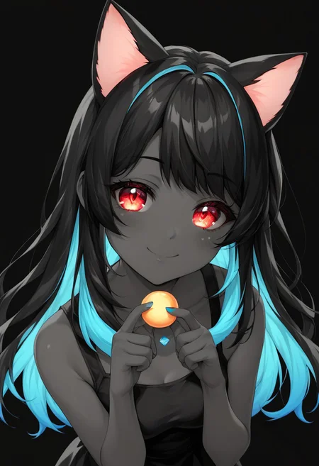 score_9_up, score_8_up, score_7_up, 1girl, red eyes, long hair, cute, black background, simple background, glow, two-tone hair, black hair, cyan hair, neon,monochrome, glowing eyes, smile, cute, close mouth, from above, neko, pose, :3, cat ears, half-closed eyes