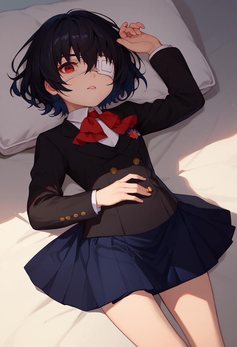 score_9, score_8_up, score_7_up, 1girl,  solo,mskr, black hair, short hair, red eyes, eyepatch,  red ascot, black blazer, blue skirt, long sleeves,  on back,   <lora:Misaki Mei 6-000007:1>