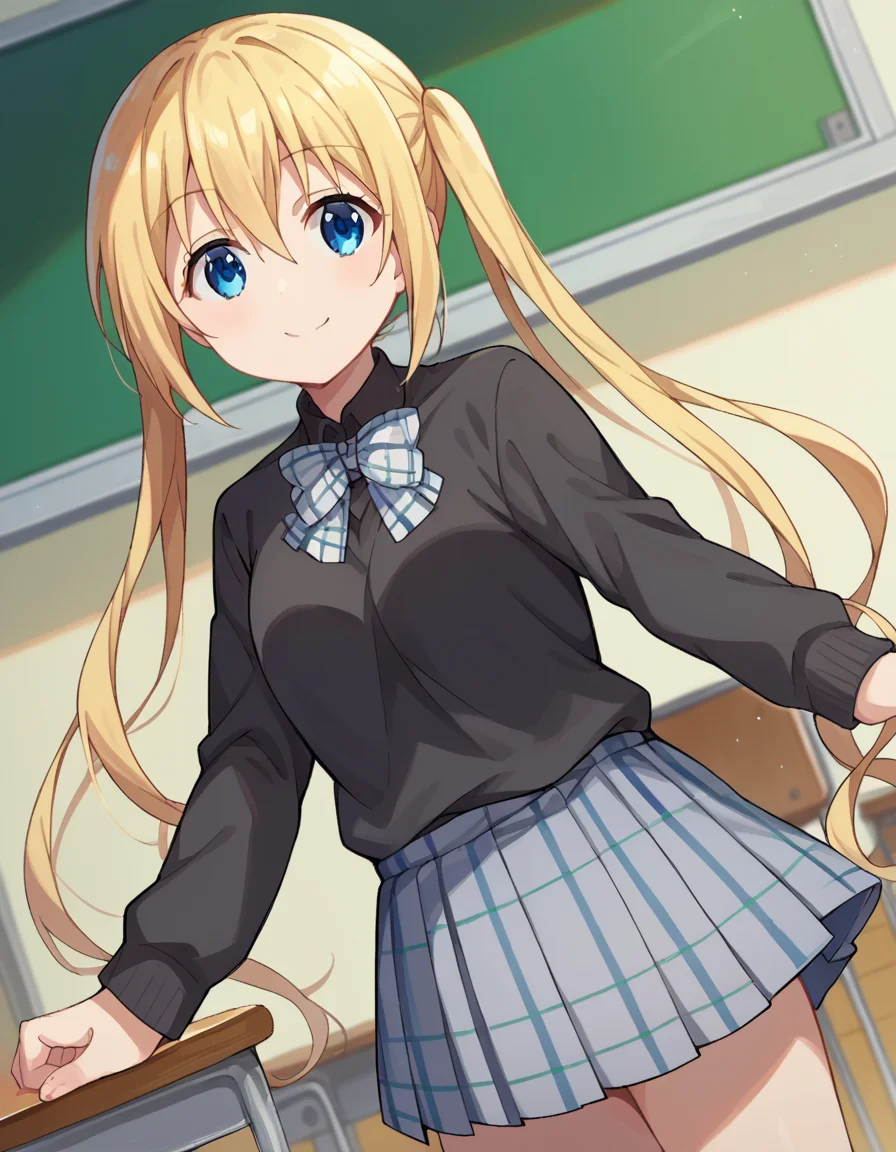 score_9, score_8_up, score_7_up, source_anime,
kahohinata, <lora:kaho-hinata-ponyxl-lora-nochekaiser:1>,
kaho hinata, blonde hair, blue eyes, hair between eyes, long hair, sidelocks, twintails, smile,
skirt, shirt, long sleeves, bow, school uniform, pleated skirt, collared shirt, bowtie, sweater, plaid, black shirt, plaid skirt, grey skirt, black sweater, grey bow,
indoors, classroom,
looking at viewer, dutch angle, cowboy shot, dynamic pose,