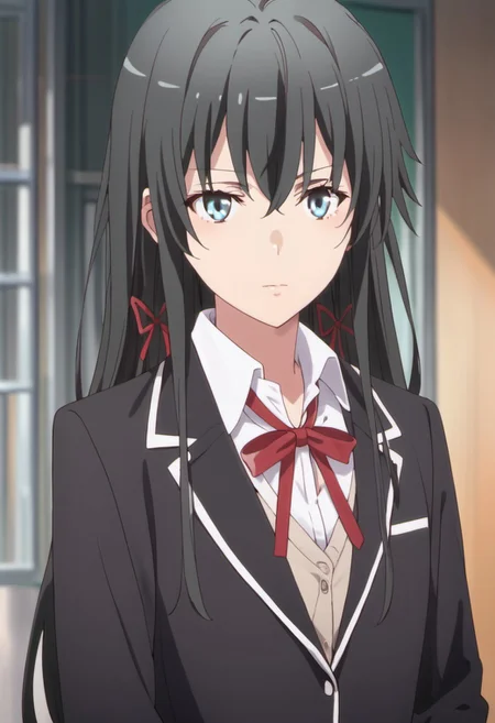 score_9, score_8_up, score_7_up, source_anime, yukinoshita yukino, long hair, black hair, blue eyes, 1girl, sobu high school uniform, solo, school uniform, jacket, black jacket, ribbon, hair ribbon, blazer, red ribbon, shirt