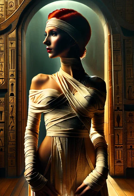 healthy woman age 25 attractive, standing in wide stance, from below, nsfw, nude (muted sage skin), Bride of Frankenstein  as supermodel, tall, fit_body, ab_crack, long_legs, teardrop_boobs, bare_boobs, bottomless, nipples, hood, sheer white bandages, red hair, art deco interior with huge windows, amber eyes, best quality, (art deco starry night background), detailed hair, detailed eyes, rim lighting, hard shadows, ziprealism, DonMM00m13sXL