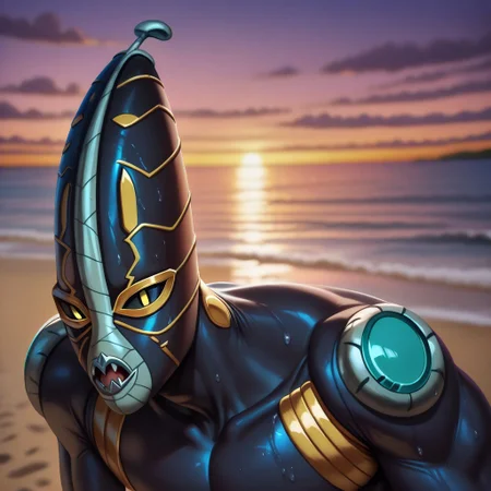 masterpiece, best quality, newest, absurdres, highres, realistic, foof, solo, stand (jojo), 1boy, colored skin, yellow eyes, black sclera, joints, fangs, leaning, looking at viewer, wet, BREAK, portrait, sunset, beach