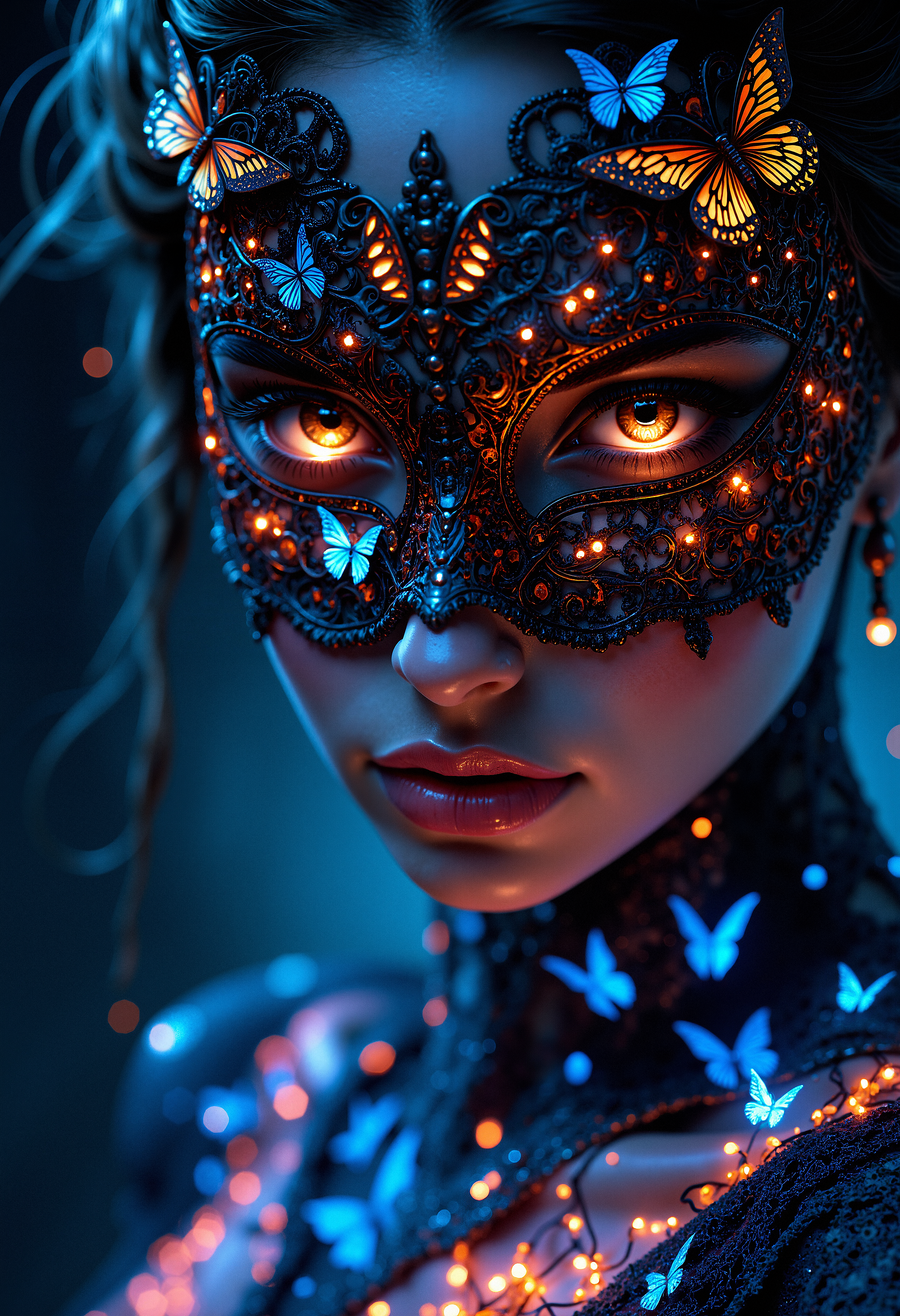Close-up of a woman's face, focusing on her right side, wearing an ornate, intricate masquerade mask that covers her eyes and upper nose. The mask is detailed with lace-like patterns, embedded with small glowing lights and tiny luminescent butterflies, primarily in blue and orange hues. The mask has an elaborate design that merges seamlessly with her skin, which is illuminated with bioluminescent patterns glowing in shades of blue and orange, covering her neck, shoulders, and chest. Her lips are slightly parted, showing a natural yet     <lora:FluxMythP0rtr4itStyle:0.8> MythP0rt,