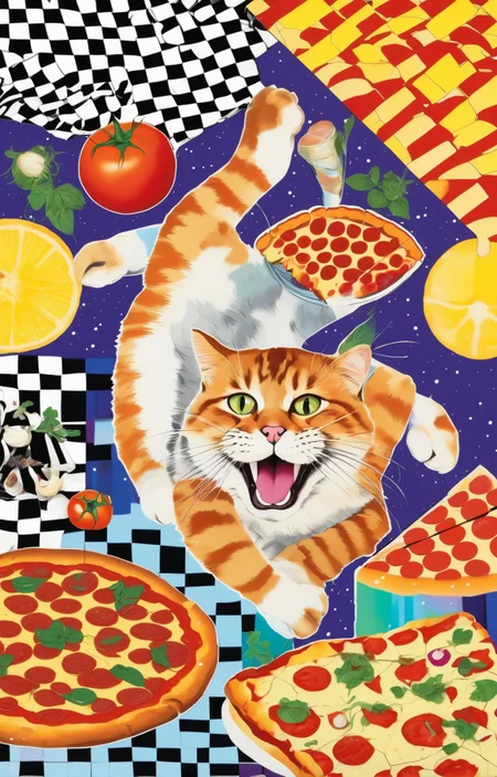 collage patterns vibrant colors, a big fat cat smiling and eating a big slice of pepperoni pizza, slice of garlic bread, tomatos, checkerboard, diagonal stripes, houndstooth, diagonal stripes, <lora:Tomat:0.8> cosmic, check, geometric gradients