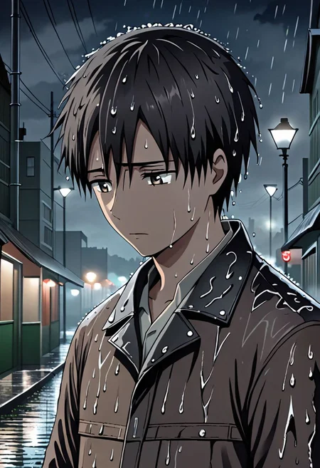 high resolution, solo, best quality, 1Boy, Takaki Toono, Brownish Hair, Brown Eyes, heavy rain, night, looking down, sad, leather jacket, looking away, wet, wet hair, OverallDetail