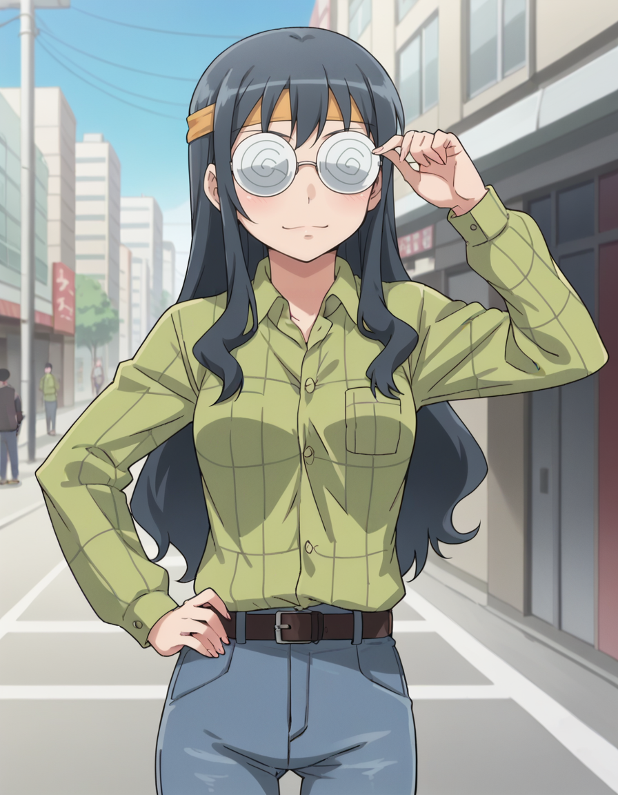 score_9, score_8_up, score_7_up, score_6_up, score_5_up, score_4_up, source_anime, anime screencap, BREAK 1girl, solo, outdoors, street, tokyo, adjusting eyewear, 
 <lora:Makishima_Saori_Pony:1> makishima_saori, black hair, grey hair, long hair, saori_bageena, coke-bottle glasses, opaque glasses, headband, green shirt, denim jeans, belt,