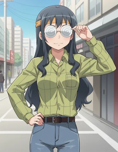 score_9, score_8_up, score_7_up, score_6_up, score_5_up, score_4_up, source_anime, anime screencap, BREAK 1girl, solo, outdoors, street, tokyo, adjusting eyewear, 
 <lora:Makishima_Saori_Pony:1> makishima_saori, black hair, grey hair, long hair, saori_bageena, coke-bottle glasses, opaque glasses, headband, green shirt, denim jeans, belt,