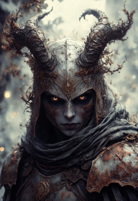 A horned goddess of war — her face framed by a towering, bone-white metal collar that rises like the jaws of an ancient beast, etched with cracked runes and ivy filigree faded by time. No helm shields her, only the sharp geometry of the collar casting shadows across her glowing black skin, patterned faintly in antique rose and parchment-toned sigils like scars of old enchantments.
Her eyes hide beneath the deep hood of a ruined war-cloak, stitched with ghost-white threads and washed-out blood-red fabric that falls in soft, swirling folds — worn like a priestess’s vestment twisted into something predatory. A single pauldrons crowns her right shoulder, shaped like weathered sandstone curling into fossilized vines, elegant yet lethal.
Her busty form is bound in heavy armor sculpted with Art Nouveau curves, every plate an artwork of brutal grace — stained, cracked, and holy. No flesh is exposed that is not deliberate: the ornate neckline bares power, not weakness. Aura tendrils rise from her back like smoke drawn in floral lines, casting sepia shadows that shift with every silent breath.
Behind her: a desaturated battlefield of memory, lit only by the haunting glow of wine-red mist and volumetric pale light. Her presence carves into the scene like a myth — motionless, eternal, manga-framed in fine, worn ink lines. A relic of war and wonder, unforgiving and divine. slomesty, mythp0rt