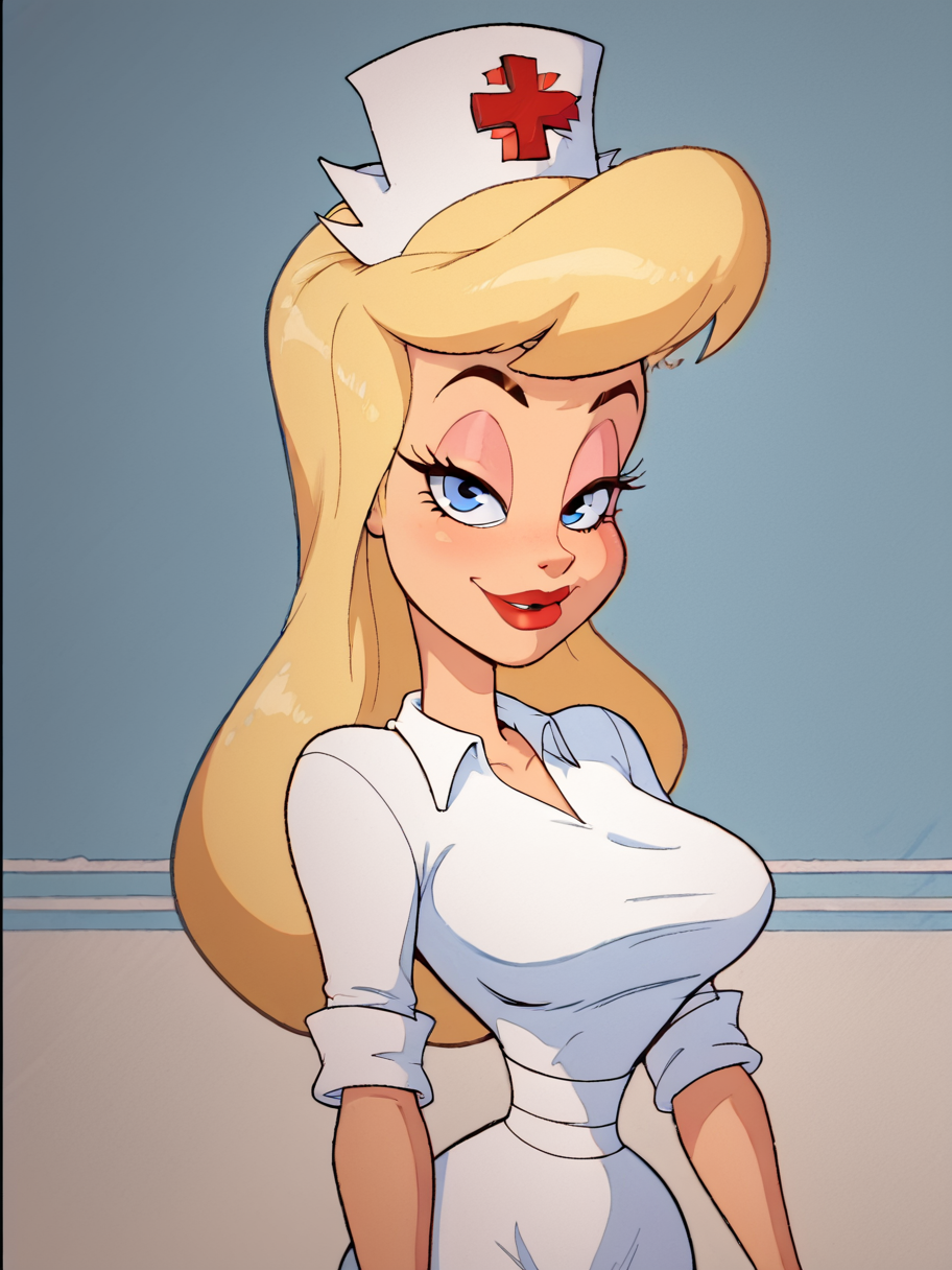 score_9, score_8_up, score_7_up, rating_questionable, zPDXL, 2d source_cartoon, (adult:1.2), facing the viewer, , horny, solo 1girl
<lora:Hello_Nurse_XL_Animaniacs:1> Heloise Nerz, 1girl, blonde hair, blue eyes, long hair, nurse cap, red cross, white dress, narrow waist
<lora:Expressive_H:1>
<lora:r3nst1mpyXLP:1> r3nst1mpy,âââ