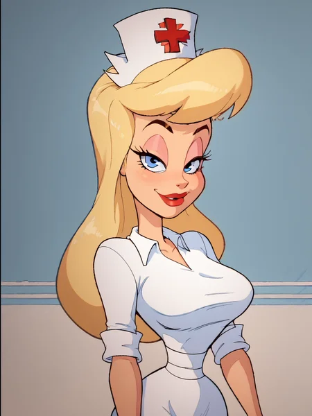 score_9, score_8_up, score_7_up, rating_questionable, zPDXL, 2d source_cartoon, (adult:1.2), facing the viewer, , horny, solo 1girl
<lora:Hello_Nurse_XL_Animaniacs:1> Heloise Nerz, 1girl, blonde hair, blue eyes, long hair, nurse cap, red cross, white dress, narrow waist
<lora:Expressive_H:1>
<lora:r3nst1mpyXLP:1> r3nst1mpy,âââ