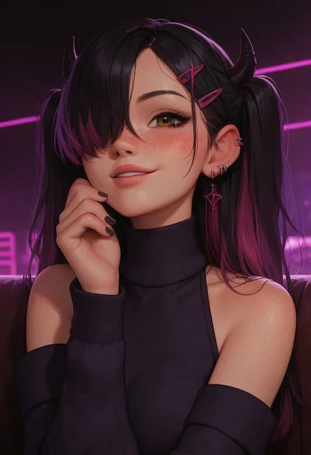 score_9, score_8_up, score_7_up, score_6_up,
1girl, 25 years old, perfect face, cute, petite, looking at viewer, make up, close view, close up,
freckles, demon horns,
brown eyes,
ear piercing, long hair, multicolored hair, black hair, purple hair, hairclip, two side up, hair over one eye,
purple chocker,
plaid sweater, purple sweater, black sweater, bare shoulders, detached sleeves, black nails,
blush, shy smile,
portrait, face focus, detailed face,
party, nightclub,