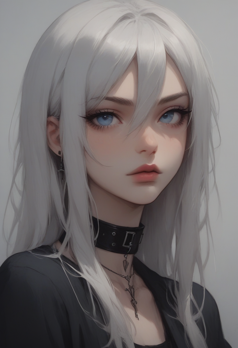 score_9, score_8_up, score_7_up, Goth girl, goth girl 1girl, 1girl,solo,long hair,looking at viewer,blue eyes,jewelry,collarbone,white hair,grey hair, hair between eyes, choker,necklace,collar,shadow,black choker,portrait,close-up, painting,  gray background, <lora:[GP] somethingweird [Pony XL]:0.2>, <lora:g0th1cPXL:0.3>, <lora:Concept Art Twilight Style SDXL_LoRA_Pony Diffusion V6 XL:0.8>,   <lora:Goth_girl_XL-v2:0.8>