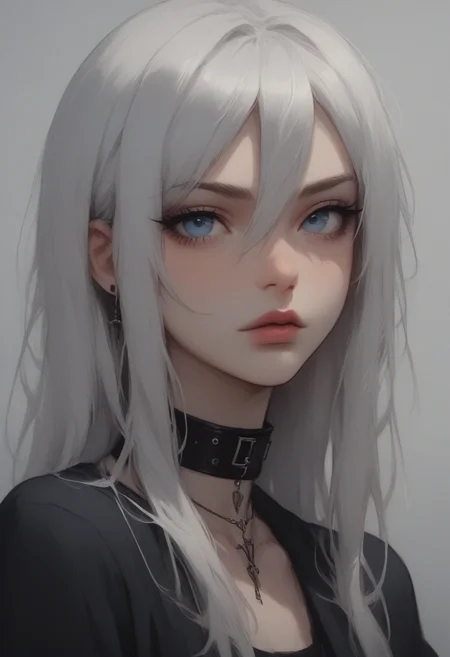 score_9, score_8_up, score_7_up, Goth girl, goth girl 1girl, 1girl,solo,long hair,looking at viewer,blue eyes,jewelry,collarbone,white hair,grey hair, hair between eyes, choker,necklace,collar,shadow,black choker,portrait,close-up, painting,  gray background, <lora:[GP] somethingweird [Pony XL]:0.2>, <lora:g0th1cPXL:0.3>, <lora:Concept Art Twilight Style SDXL_LoRA_Pony Diffusion V6 XL:0.8>,   <lora:Goth_girl_XL-v2:0.8>