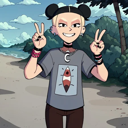 score_9, score_8up, score_7up, score_6up, 1 girl, , double bun hair, solo, ear piercings, moon symbol necklace, black eyes, blonde eyebrows, brown pants, black hair, pink bracelets, fishnet under shirt, cowboy shot, peace sign, city streets, looking at viewer, smiling, eyes half lidded,
outdoors, beach , sunny day, overcast, leaning back, front view