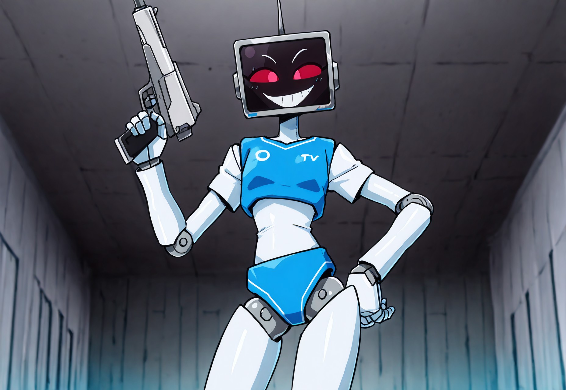 SfEe,
masterpiece, perfect quality, best quality, amazing quality, newest, very aesthetic, hi res, absurd res, 2024, 4k, 8k, 
Anime screencap, anime coloring, 
solo female, robot, android, tv head, screen face, holding weapon, looking offscreen, smug, cocky, grin,  eyelashes, red eyes, robot joints, 