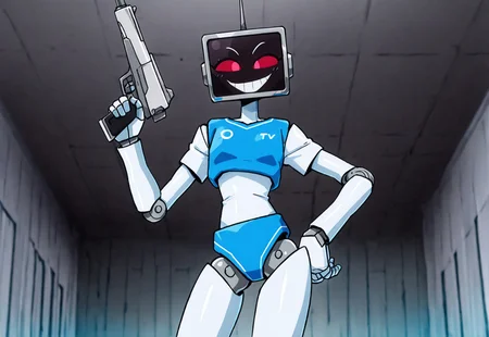 SfEe,
masterpiece, perfect quality, best quality, amazing quality, newest, very aesthetic, hi res, absurd res, 2024, 4k, 8k, 
Anime screencap, anime coloring, 
solo female, robot, android, tv head, screen face, holding weapon, looking offscreen, smug, cocky, grin,  eyelashes, red eyes, robot joints, 