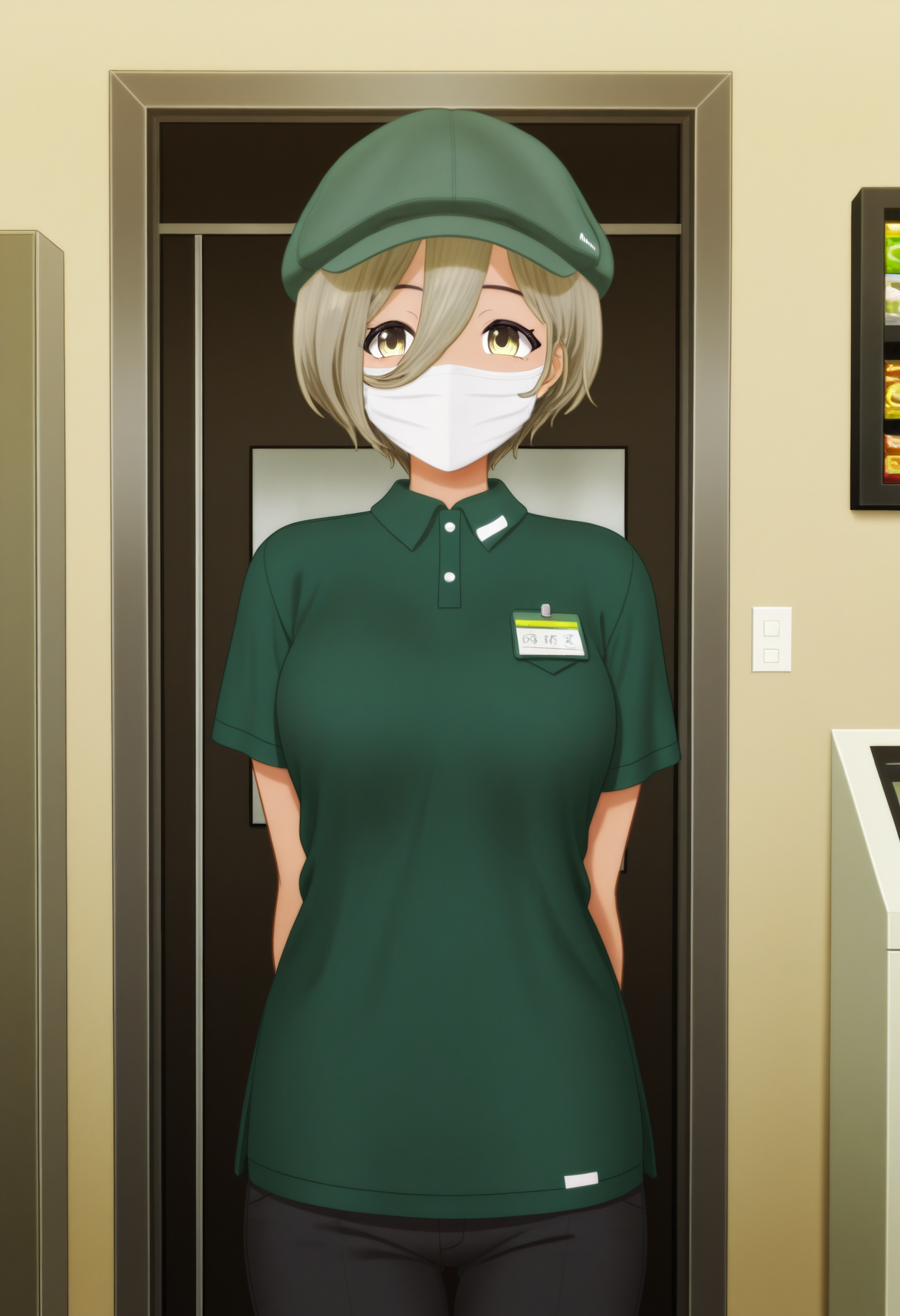 <lora:GBC_RUPA_illustrious-000042:1>,
GBC_RUPA,1girl,hair between eyes,yellow eyes,gray green hair,short hair,green headwear,white mouth mask,facemask,employee uniform,green shirt,short sleeves,green beanie,solo,arms behind back,indoors,facing viewer,black pants,cowboy_shot