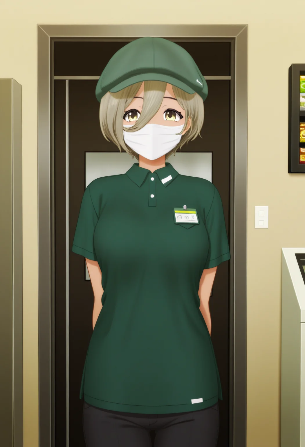 <lora:GBC_RUPA_illustrious-000042:1>,
GBC_RUPA,1girl,hair between eyes,yellow eyes,gray green hair,short hair,green headwear,white mouth mask,facemask,employee uniform,green shirt,short sleeves,green beanie,solo,arms behind back,indoors,facing viewer,black pants,cowboy_shot