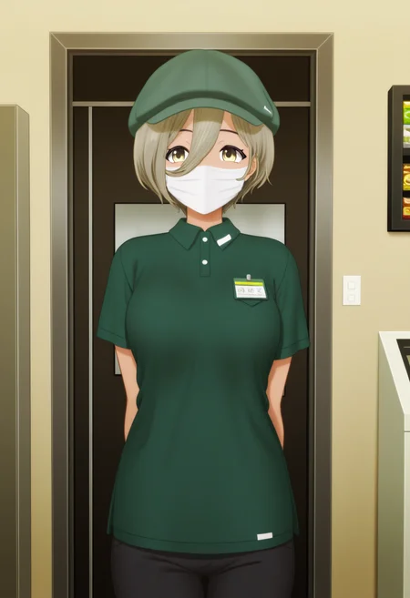 <lora:GBC_RUPA_illustrious-000042:1>,
GBC_RUPA,1girl,hair between eyes,yellow eyes,gray green hair,short hair,green headwear,white mouth mask,facemask,employee uniform,green shirt,short sleeves,green beanie,solo,arms behind back,indoors,facing viewer,black pants,cowboy_shot
