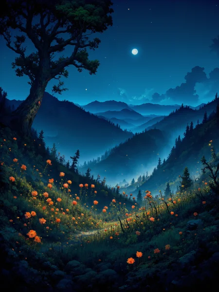 Ethereal nighttime meadow bathed in soft moonlight, bioluminescent flowers glowing amidst tall grasses, fireflies dancing in the air, intricate dew droplets reflecting starlight, misty fog rolling through, ancient gnarled tree silhouette, distant mountains, clear night sky with twinkling stars and a crescent moon, subtle aurora borealis, hidden fairy lights, nocturnal creatures peeking out, magical atmosphere, hyper-detailed flora, 8k resolution, photorealistic rendering, depth of field, dramatic lighting, cinematic composition, ultra HD quality, masterpiece, award-winning nature photography <lora:test2-000013:1.0> <lora:Comic book opus IV:0.4> <lora:aidmaFLUXPro1.1-FLUX-v0.3:1.0> <lora:flux_dev:1>