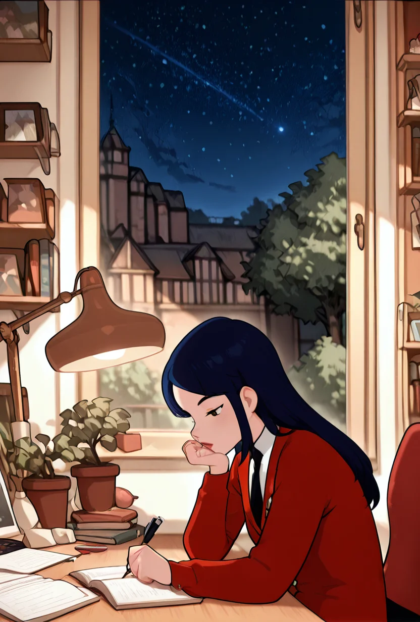 ((cartoon, screencap,,)) <lora:tiffanyos:1> tiffanyos, 1girl, long hair, blue hair, parted bangs, black necktie, school uniform, white undershirt, lipstick, long red jacket, study table, desk lamp, <lora:LofiGirl_Style_IXL:1> zzLofi, sitting, side view, desk, chair, book, bookshelf, head rest, holding, holding pen, lamp, night, open book, pen, plant, potted plant, sky, star (sky), starry sky, window, windowsill, writing, masterpiece, best quality, amazing quality, very aesthetic, absurdres, newest,