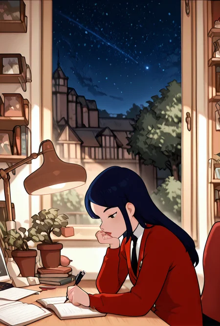 ((cartoon, screencap,,)) <lora:tiffanyos:1> tiffanyos, 1girl, long hair, blue hair, parted bangs, black necktie, school uniform, white undershirt, lipstick, long red jacket, study table, desk lamp, <lora:LofiGirl_Style_IXL:1> zzLofi, sitting, side view, desk, chair, book, bookshelf, head rest, holding, holding pen, lamp, night, open book, pen, plant, potted plant, sky, star (sky), starry sky, window, windowsill, writing, masterpiece, best quality, amazing quality, very aesthetic, absurdres, newest,