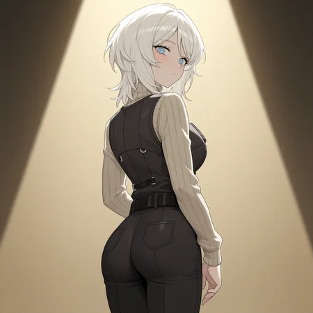 masterpiece, best quality, amazing quality, anime screencap, 1girl, solo, standing, cowboy shot, from behind, looking at viewer, <lora:FaustLimbus:0.9>, FaustLimbus, medium hair, white hair, blue eyes, large breasts, black vest, turtleneck sweater, belt, black pants, black shoes,