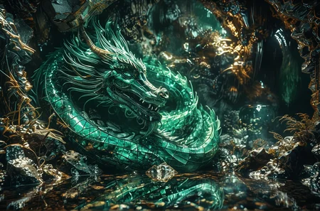 Close up photo of a ((emerald Chinese dragon)) sleeping inside a cave, reflections in the water, in the style of double exposure, Art Nouveau, long exposure, layered lines, chiaroscuro, the best quality, masterpiece, absurdres, Long_Exposure ral-exposure, i <lora:ral-exposure-sdxl:0.700000>