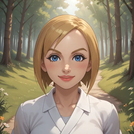 score_9, score_8, BREAK, solo, wii, mii, wii sports, 1girl, female mii, blonde hair, blue eyes, dark blonde eyebrows, blush, lips, white clothing, white pants, shoes, breasts, nintendo mii, modern_mii, classic_mii, Irina_(Wii_Sports), cute, sexy pose, self portrait, smile, outdoors, sunlight, shadows, evening lighting, natural lighting, forest, trees, grass, orange sky, sunset