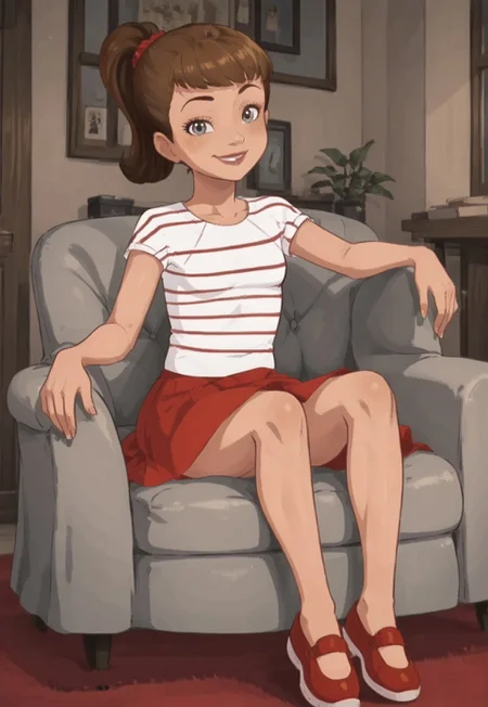 score_7, score_8, martine, 2d, animated draving, line art, 1girl, perfect hands, animated drawing, striped shirt, short hair, light brown hair, high ponytail, scrunchie, gray eyes, pink lipstick, red skirt, short skirt, red footwear, slender legs, short sleeves, red footwear, interior, sitting on armchair, looking at viewer, smirking smile, 