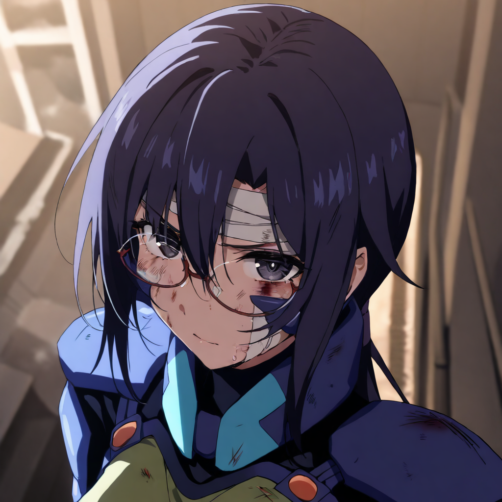 masterpiece,high score,great score,absurdres,looking at viewer,pilot suit,<lora:Sayoko AnimagineXL v1:1> sayoko, glasses, blue hair, ponytail, black eyes,injury,bandages,
