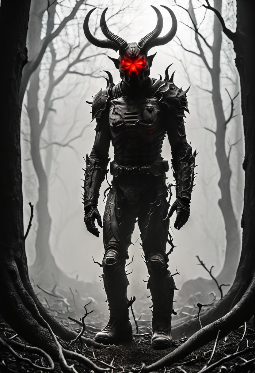 silhouette style, cinematic film still of the silhouette of an disembodied of a female demon,head, multiple eyes, horrific, with a megaphone instead of his head sitting on a branch at night, with glowing eyes, very detailed, haze lighting, backlit, 4k uhd masterpiece, blackmetal style, xerox, black and white, BadDream, UnrealisticDream, Doomguy, soviet poster, femalebonedemon