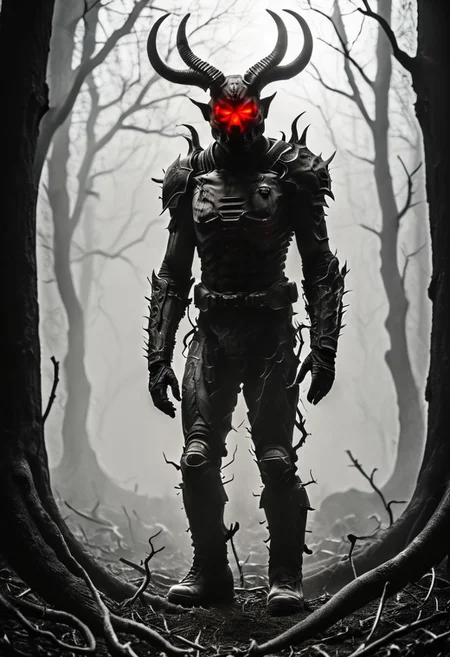 silhouette style, cinematic film still of the silhouette of an disembodied of a female demon,head, multiple eyes, horrific, with a megaphone instead of his head sitting on a branch at night, with glowing eyes, very detailed, haze lighting, backlit, 4k uhd masterpiece, blackmetal style, xerox, black and white, BadDream, UnrealisticDream, Doomguy, soviet poster, femalebonedemon