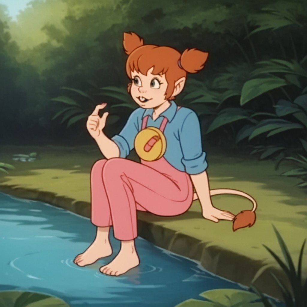 score_9, score_8_up, score_7_up, score_6_up, score_5_up, score_4_up, source_furry,  lucytl, female, red hair, mouse tail, tail tuft, buck teeth, mouse ears, short twintails, pink overalls, blue shirt, barefoot, sitting, next to a stream, feet in water, in the forest,
