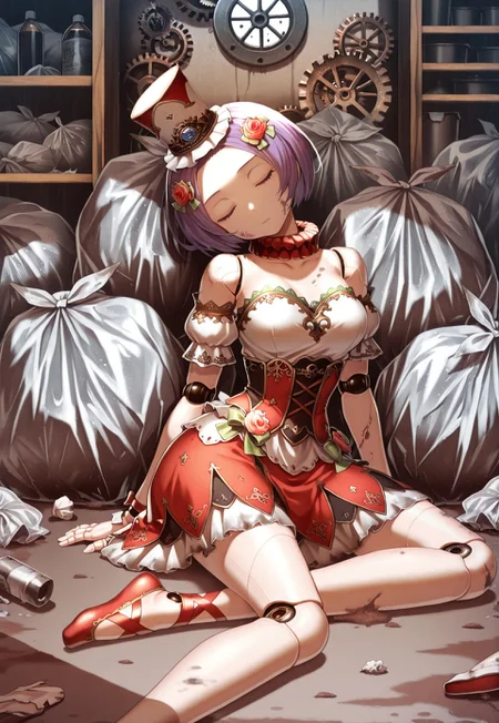 1girl, solo, general, coppelia, romancing saga 2, closed eyes, head tilt, yokozuwari, ballet slippers, red foorwear, expressionless, (dirty:1.2), doll joints, robot joints, mechabare, afterdefeat, against trash bag, trash bag, gears, shelf, masterpiece, best quality, amazing quality,