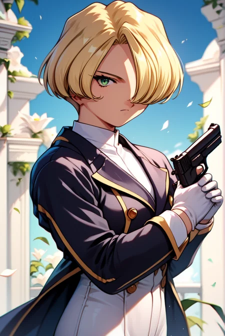 score_9, score_8_up, score_7_up, very aesthetic, source_anime, detailed, high quality, beautiful, masterpiece, detailed eyes,
indoor, blurry background,
<lora:lightXL:0.8>
cowboy shot, upper body,
holding hand gun, looking at viewer, serious,
<lora:Sakura Wars_XL_PONY_V2.1:0.8>maria tachibana
<lora:maria_autismConfetti_v02:0.9>
mariasuit, blonde hair, hair over eye, green eye, short hair, coattails, black purple collared jacket, white pants, long sleeves, white gloves, tight pants,, zPDXL