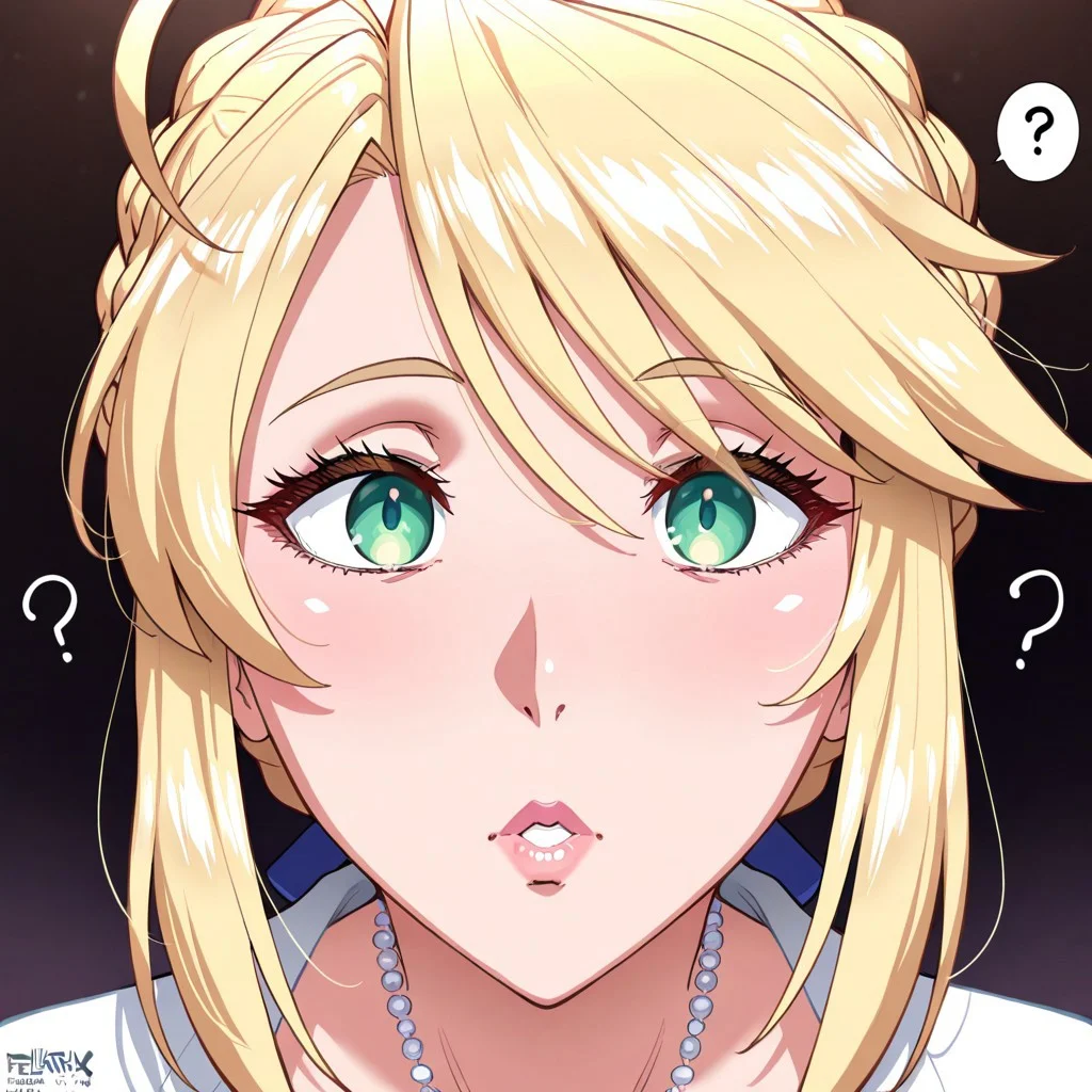 masterpiece, best quality, newest, highres, absurdres, very awa, newest,
fellatrix,
1girl, Artoria Pendragon (Lancer), milf, mature female, swept bangs, ahoge, blonde hair, green eyes, French braid, short hair,
face focus, confused, front view,