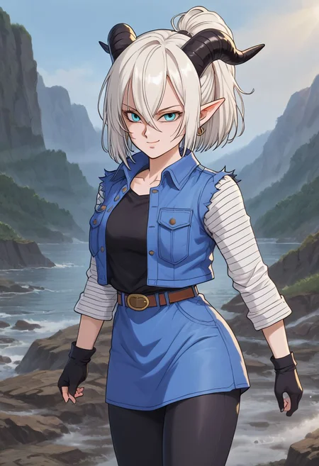 score_9, score_8_up, score_7_up, BREAK MiavtSDXL, sfrieren 1girl, solo, short hair, blue eyes, hair between eyes, medium breasts, ponytail, (white hair), black horns, pointy ears, goat horns, double pigtail, BREAK close up BREAK android 18, classic look, black shirt, denim jacket, vest, striped sleeves, belt, denim skirt, black pantyhose, evil laugh, outdoors, island, smile, rain