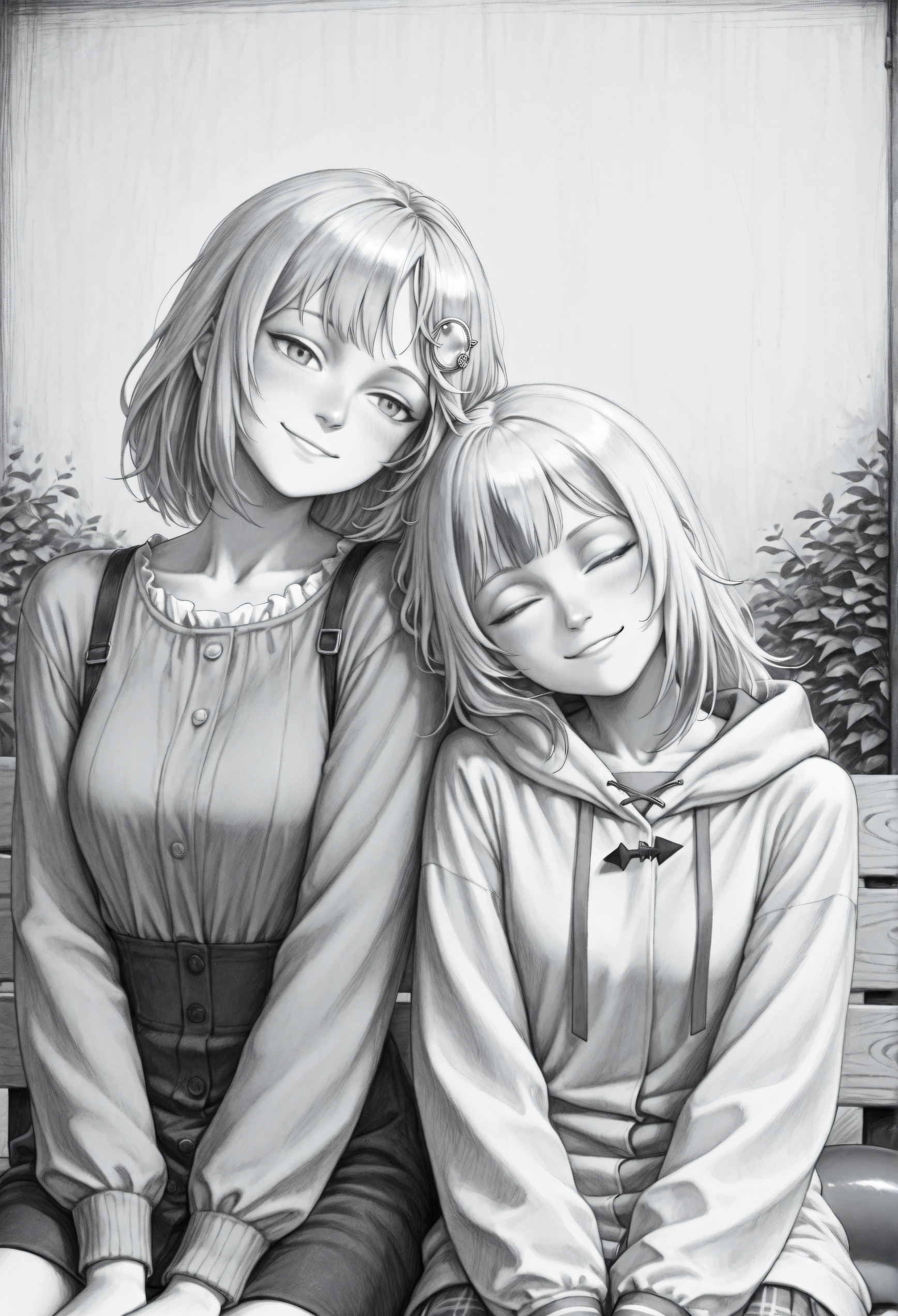 2girls, <lora:gura_noobeps:0.8>, grey hair, streaked hair, blue eyes, shark tail,
leaning_on_person, watson_amelia_(1st_costume), head tilt, sitting, bench, smile, closed_eyes, upper body, very awa, masterpiece, best quality, highres, absurdres, <lora:SketchArtV2:1>, greyscale, monochrome, sk3tch, hatching/(texture/)