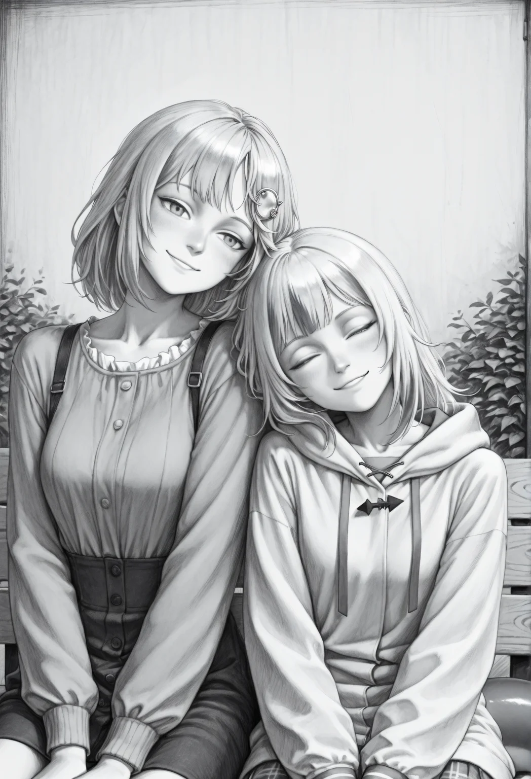 2girls, <lora:gura_noobeps:0.8>, grey hair, streaked hair, blue eyes, shark tail,
leaning_on_person, watson_amelia_(1st_costume), head tilt, sitting, bench, smile, closed_eyes, upper body, very awa, masterpiece, best quality, highres, absurdres, <lora:SketchArtV2:1>, greyscale, monochrome, sk3tch, hatching/(texture/)